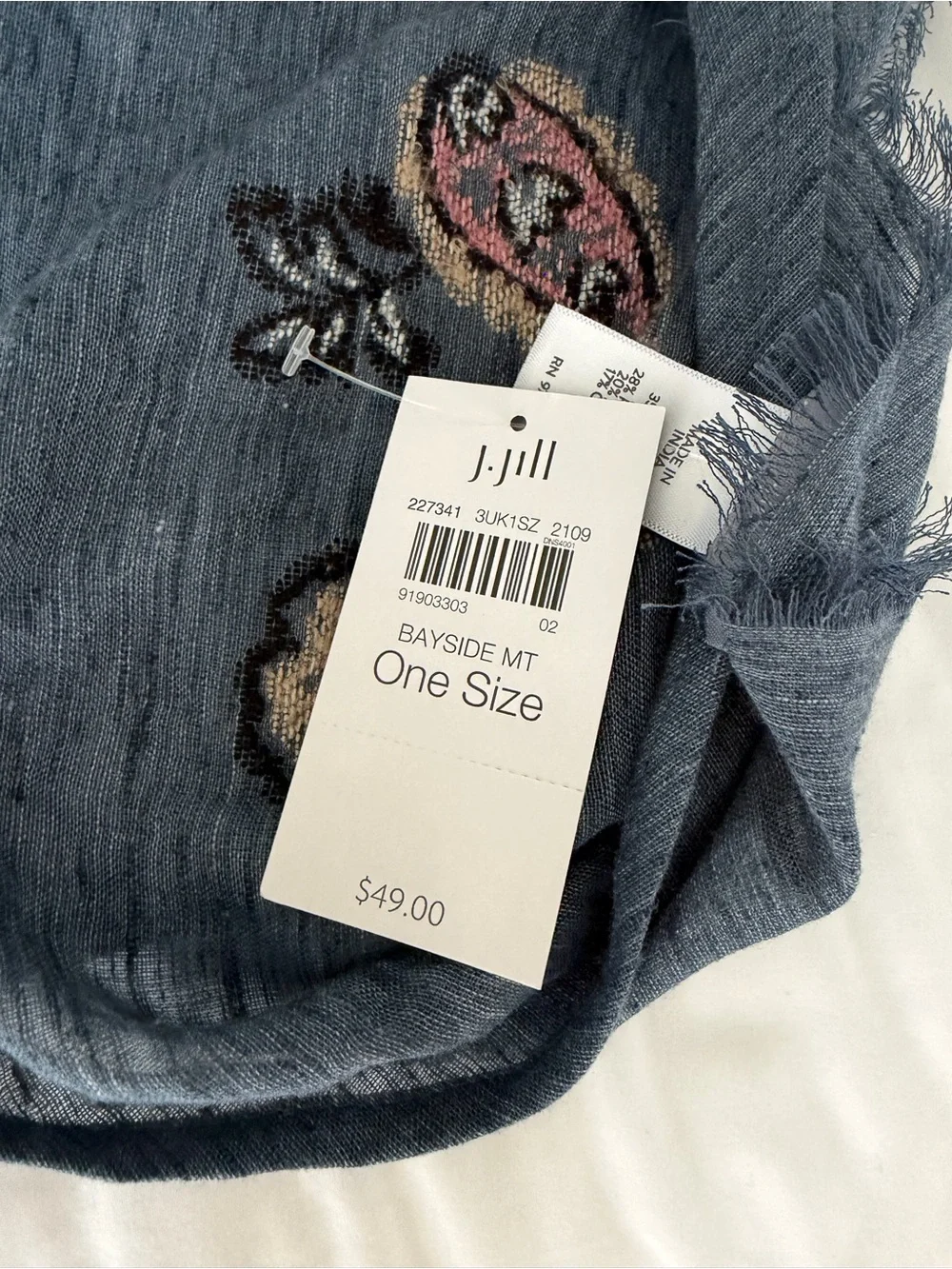 🗽NWT J. Jill Dusky Blue Embroidered Fringe Scarf